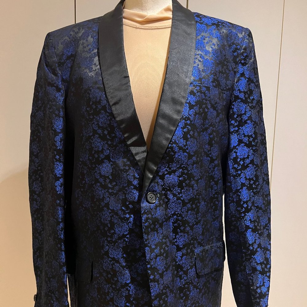 38S Vintage First Nighter Formals Blue Floral Brocade Dinner Jacket